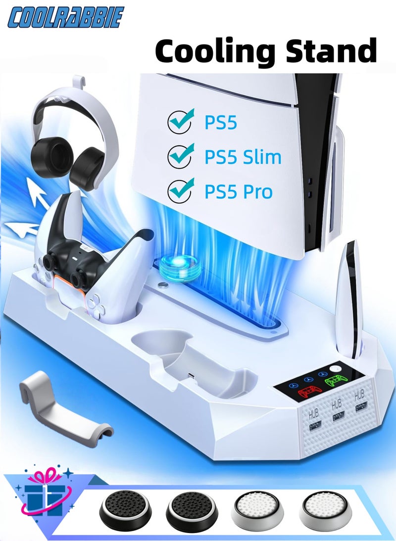 كول رابي حامل تبريد عمودي لجهاز PS5/PS5 Slim/PS5 Pro، محطة تبريد وشحن مزدوجة لوحدات التحكم لجهاز بلايستيشن 5، ملحقات PS5 تتضمن شاحن وحدات التحكم، مروحة تبريد، حامل سماعات الرأس، موزع USB بثلاثة منافذ، لون أبيض. - Image 1